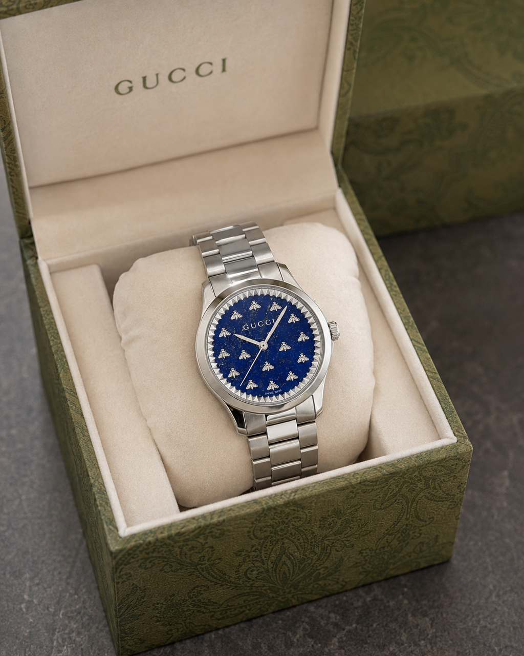 Gucci G-Timeless 32 mm Blue Lapis Bee Dial Watch YA1265043 presented with packaging