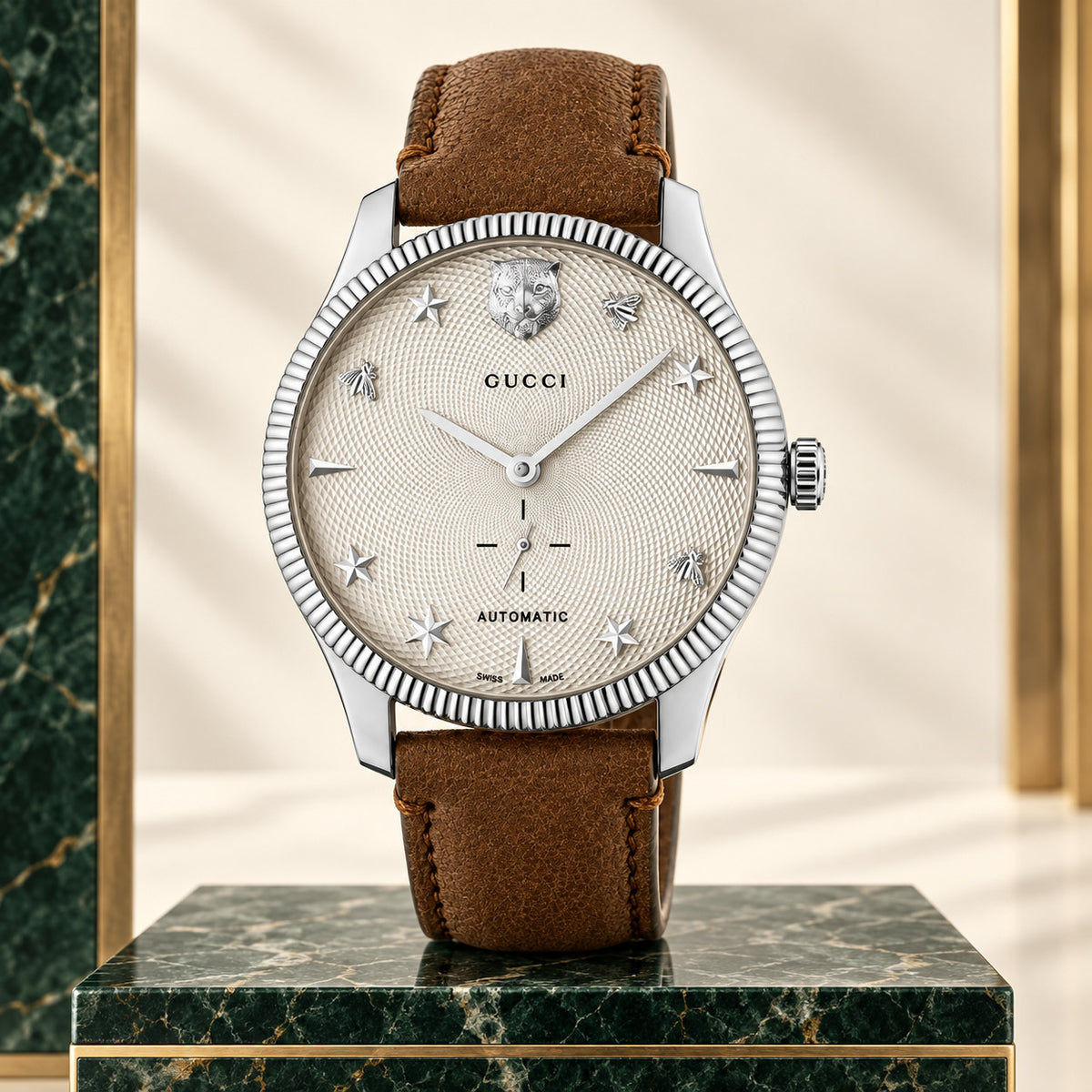 Gucci G-Timeless Small Seconds 40 mm White guilloche with feline, bee and star motifs Watch – YA126361