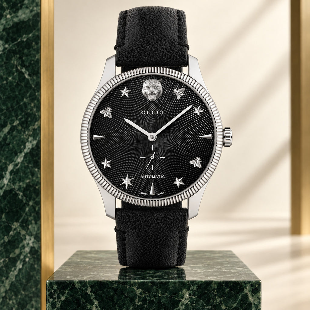 Gucci G-Timeless Small Seconds 40 mm Black guilloche with feline, bee and star motifs Watch – YA126365