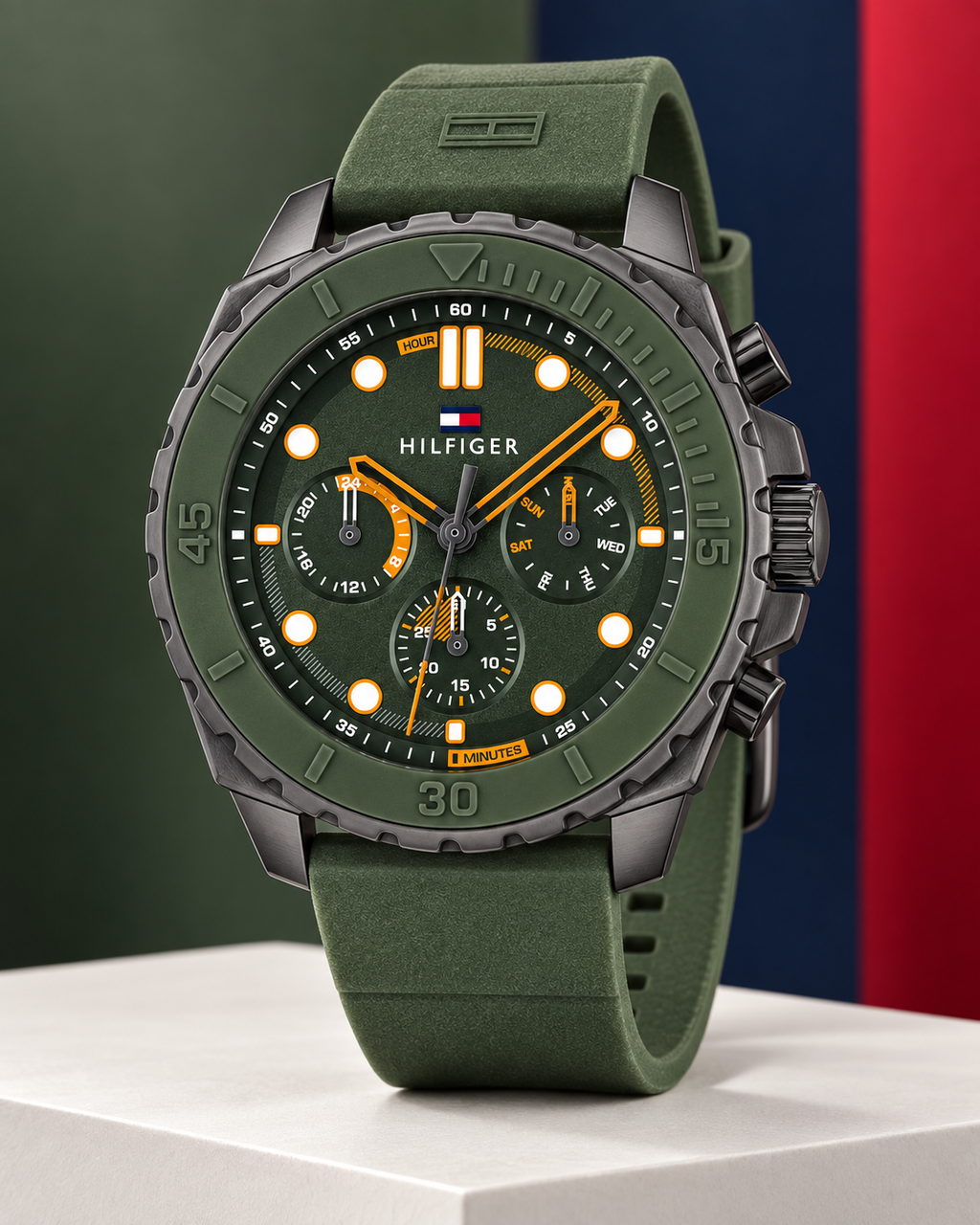 Tommy Hilfiger Morgan Men's Multifunction Watch – Green Silicone Strap, 48mm – 1710688 – Studio hero
