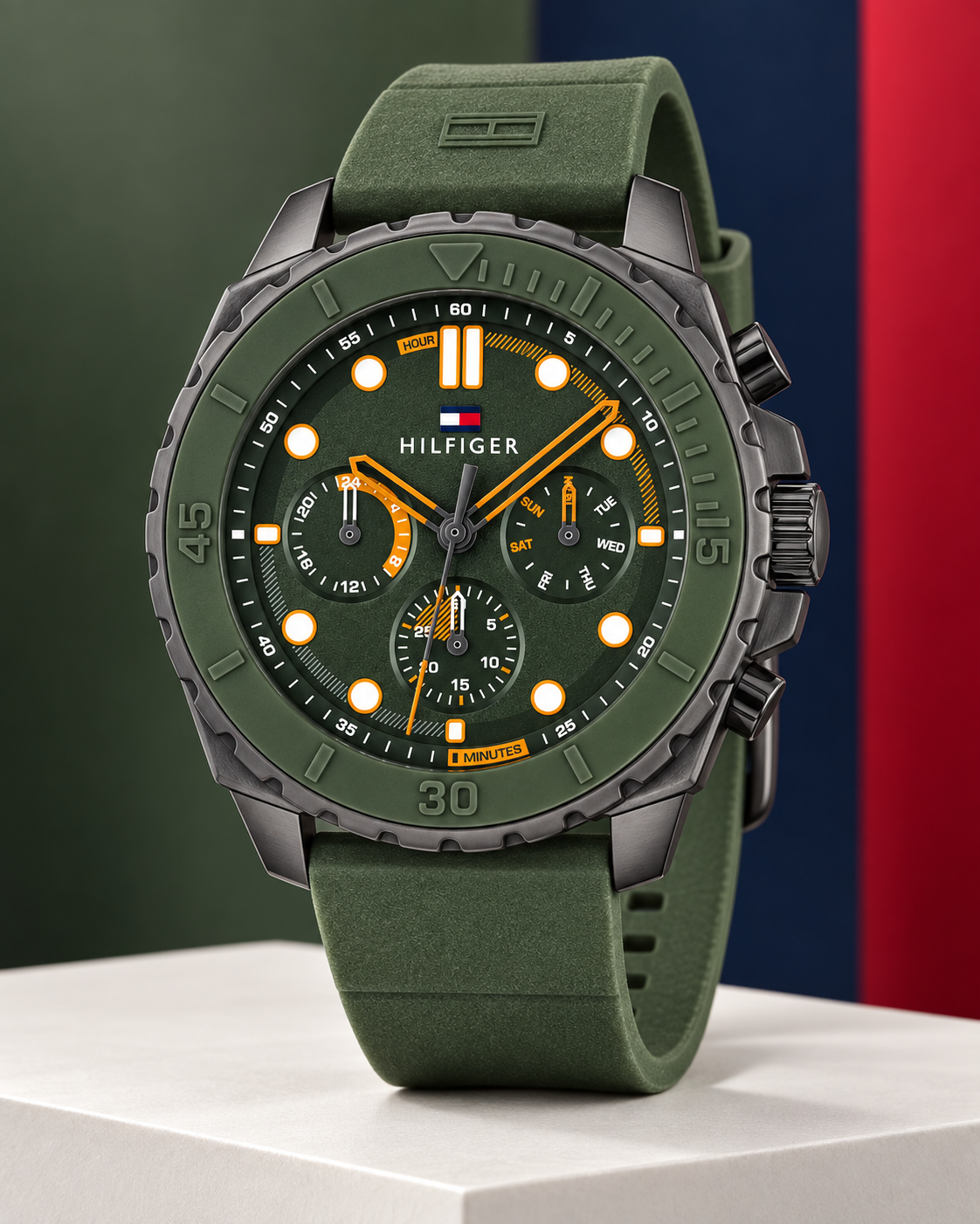 Tommy Hilfiger Morgan Men's Multifunction Watch – Green Silicone Strap, 48mm – 1710688 – Studio hero