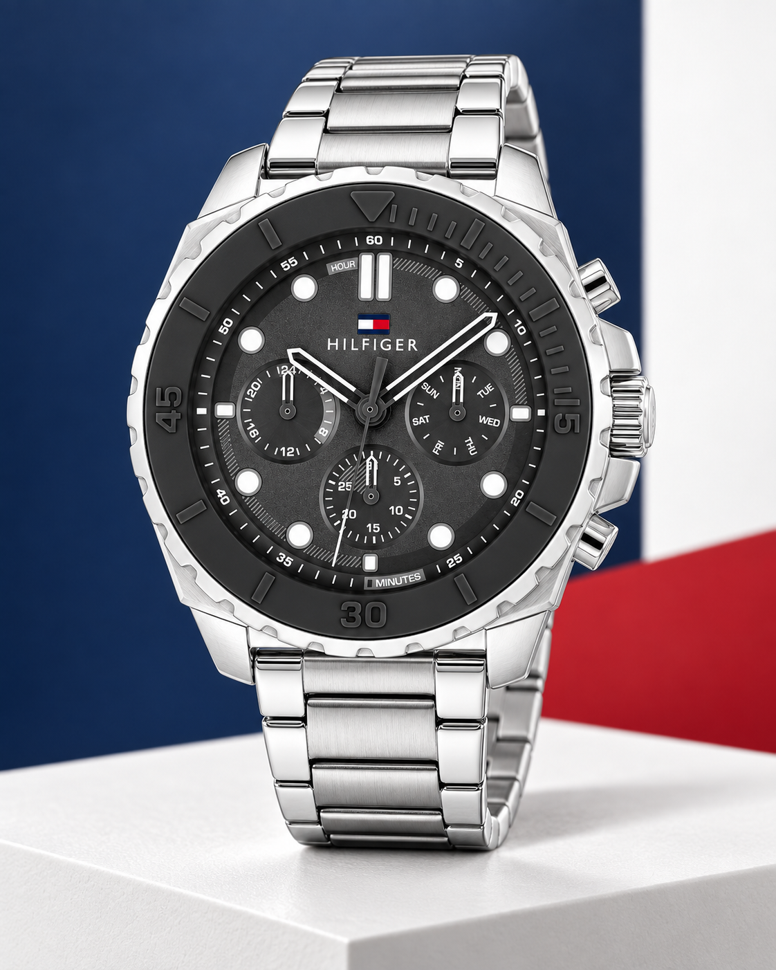 Tommy Hilfiger Morgan Men's Multifunction Watch – Silver Steel Bracelet, 48mm – 1710689 – Studio hero