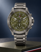 Tommy Hilfiger Bryan Men's Multifunction Watch – Green Dial, Gunmetal Steel Bracelet, 46mm – 1792115 – studio hero