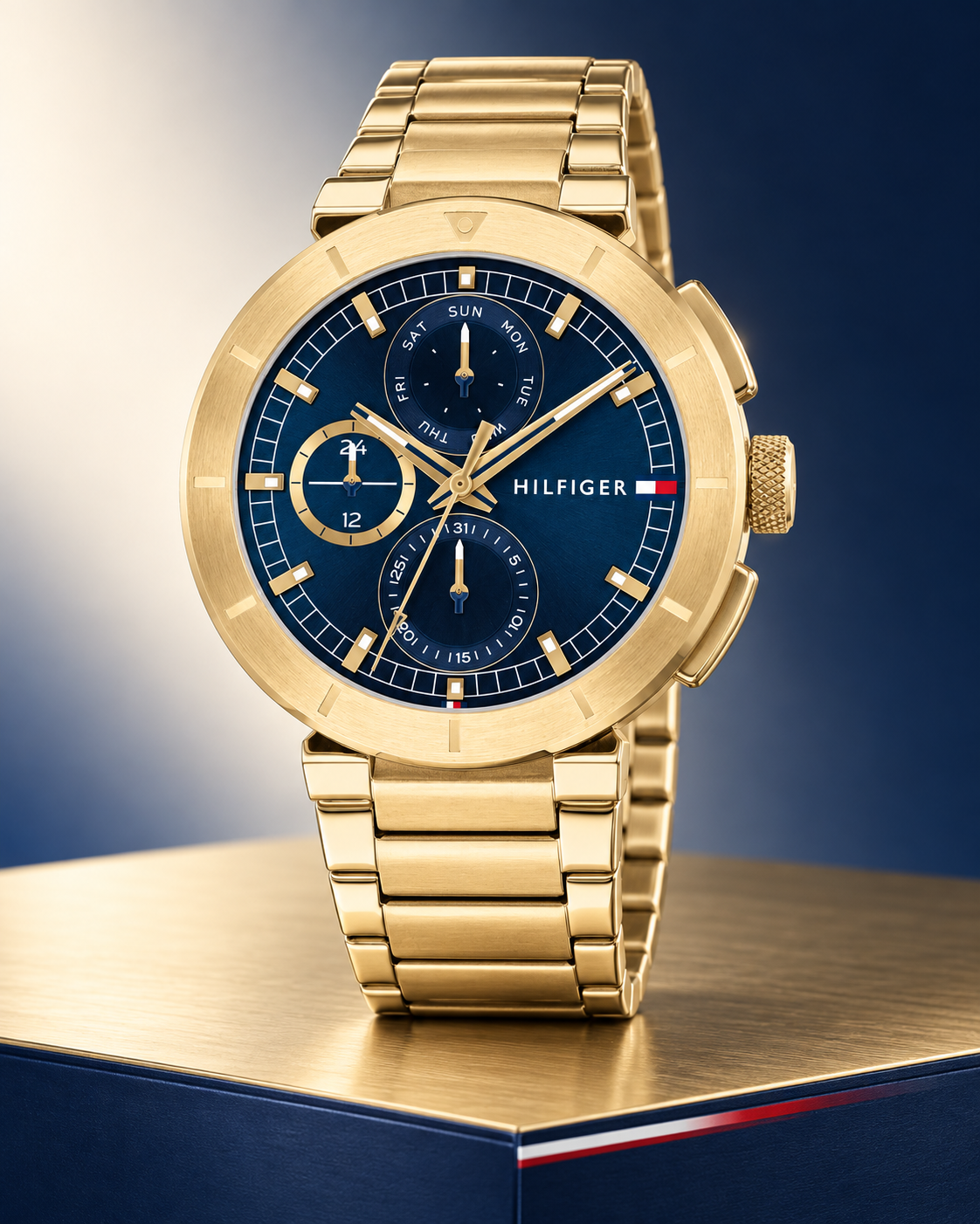 Tommy Hilfiger Lorenzo Men's Multifunction Watch – Navy Dial, Gold Steel Bracelet, 44mm – 1792118 – studio hero