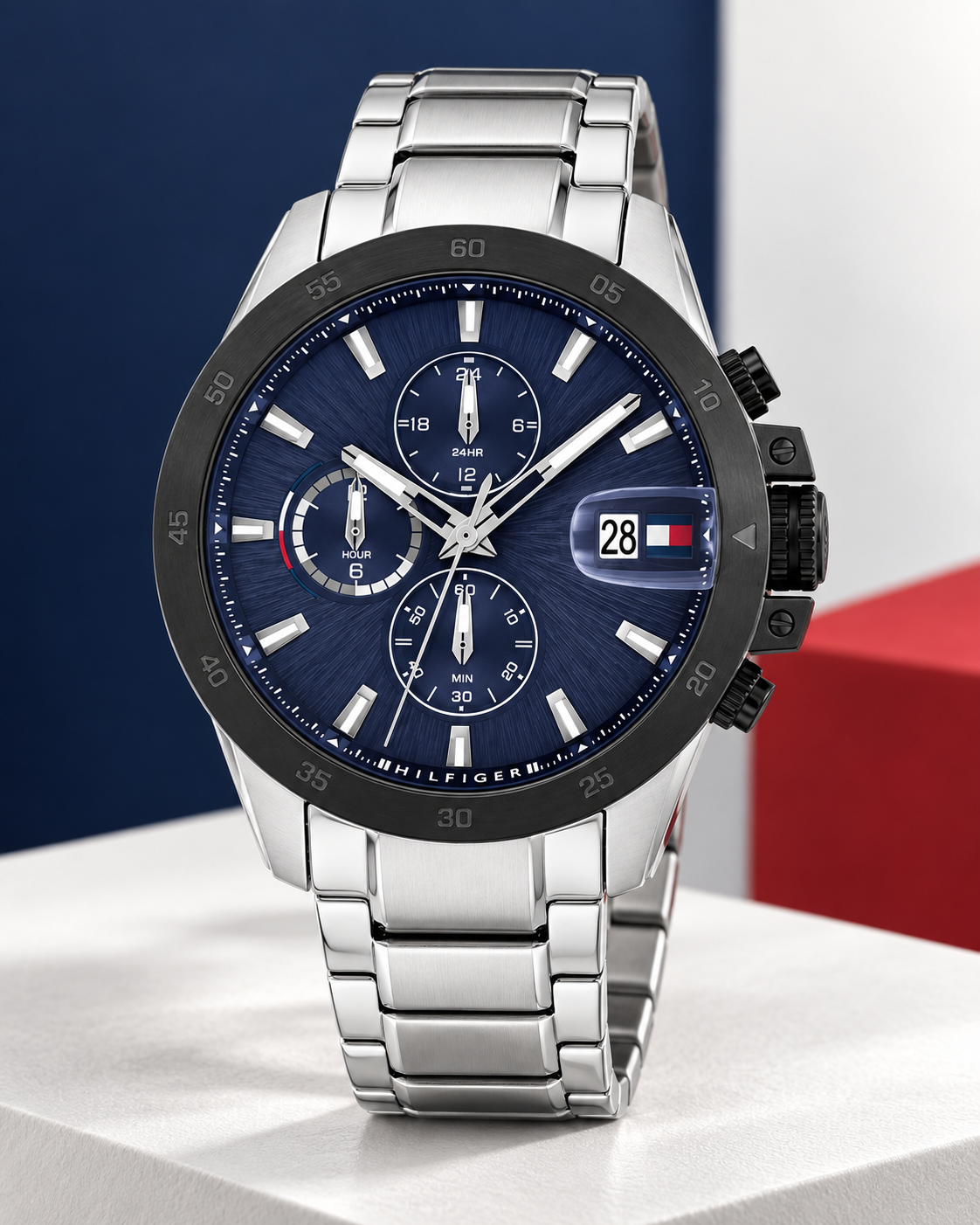 Tommy Hilfiger Jameson Men's Dual-Time Multifunction Watch – Navy Dial, Silver Steel Bracelet, 43mm – 1792198 – Studio hero