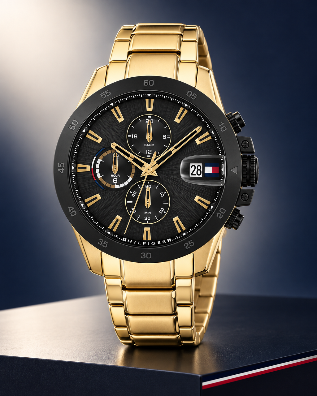 Tommy Hilfiger Jameson Men's Dual-Time Multifunction Watch – Black Dial, Gold Steel Bracelet, 43mm – 1792199 – studio hero