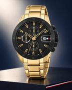 Tommy Hilfiger Jameson Men's Dual-Time Multifunction Watch – Black Dial, Gold Steel Bracelet, 43mm – 1792199 – studio hero