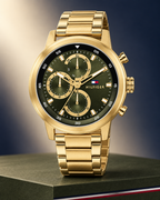 Tommy Hilfiger Rocky Men's Multifunction Watch – Green Dial, Gold Steel Bracelet, 46mm – 1792216 – studio hero
