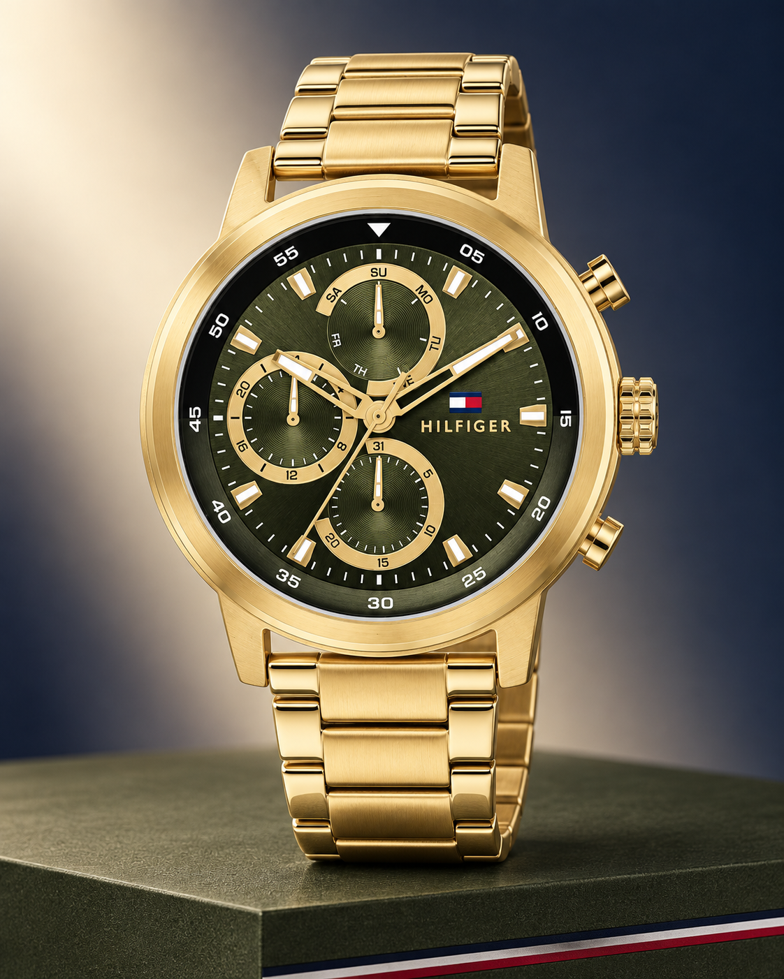 Tommy Hilfiger Rocky Men's Multifunction Watch – Green Dial, Gold Steel Bracelet, 46mm – 1792216 – studio hero