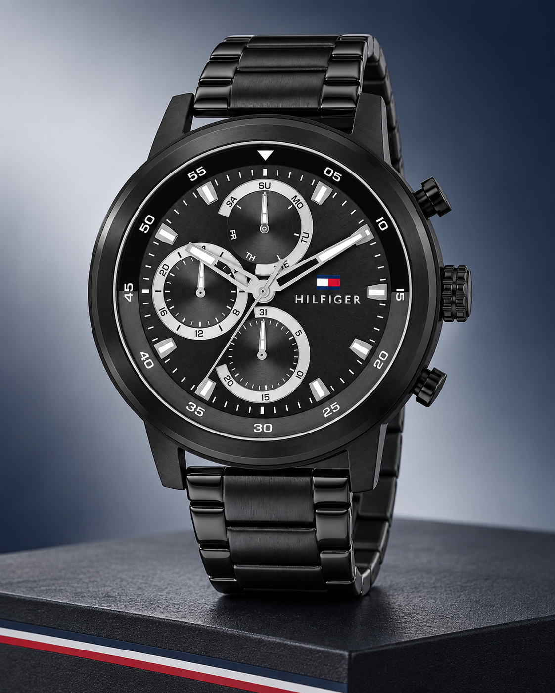 Tommy Hilfiger Rocky Men's Multifunction Watch – Black Steel Bracelet, 46mm – 1792217 – studio hero
