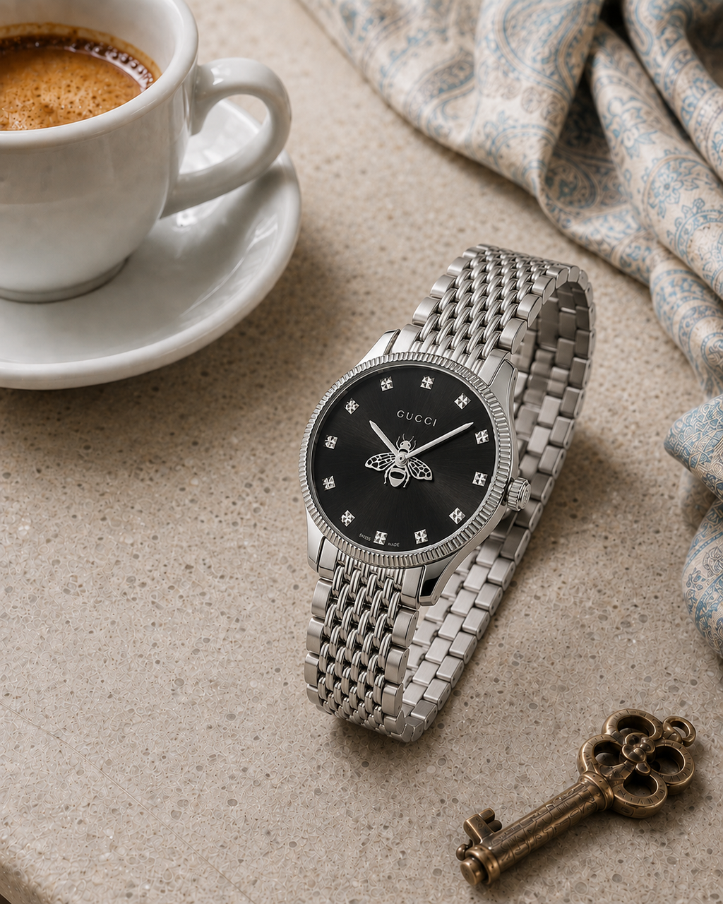 Gucci G-Timeless 29 mm Black Bee Dial Watch YA1265020 styled in a cafe lifestyle setting