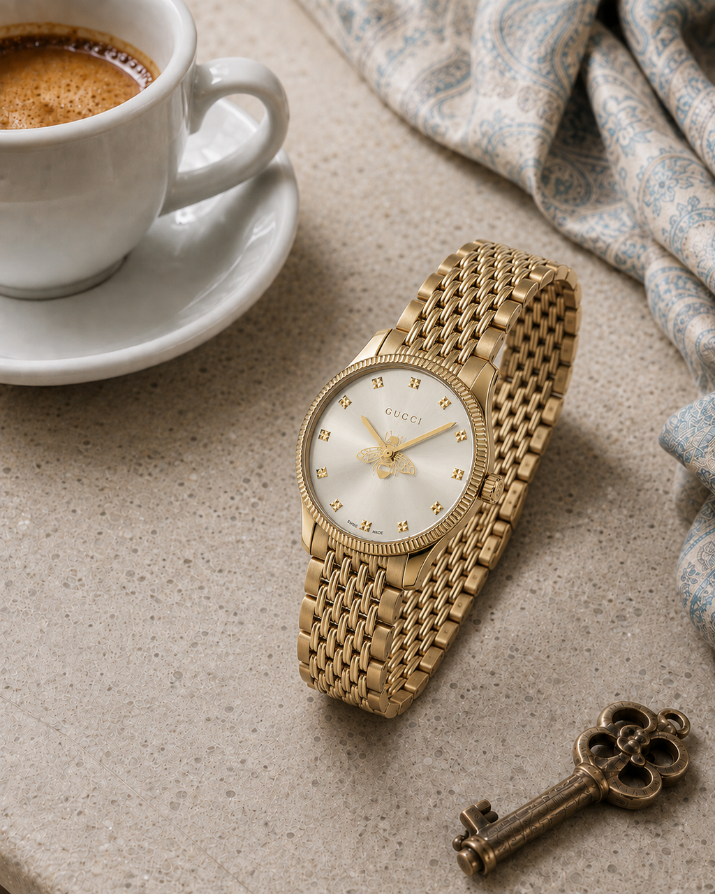 Gucci G-Timeless 29 mm Silver Bee Dial Watch YA1265021 styled in a cafe lifestyle setting