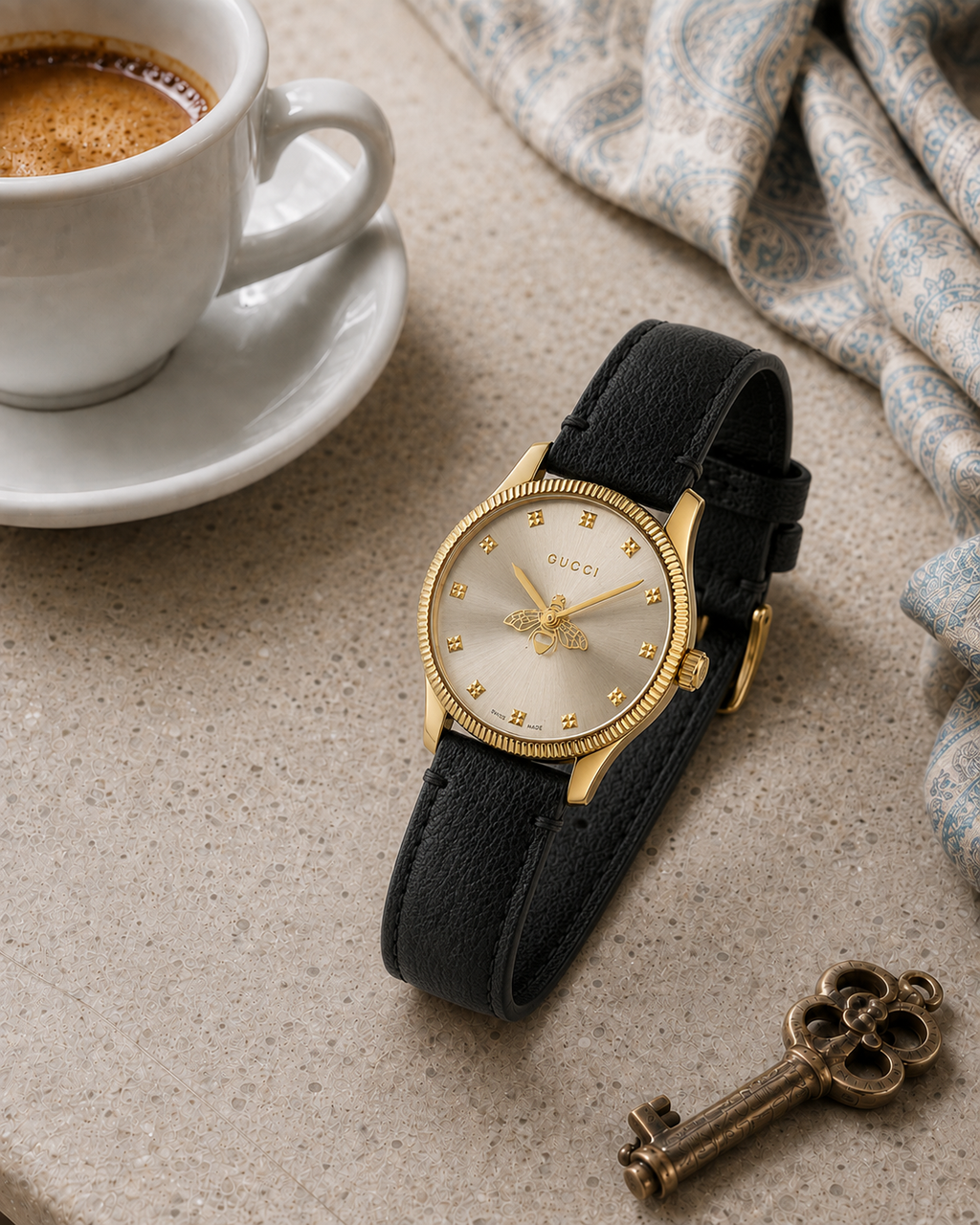 Gucci G-Timeless 29 mm Silver Bee Dial Watch YA1265023 styled in a cafe lifestyle setting