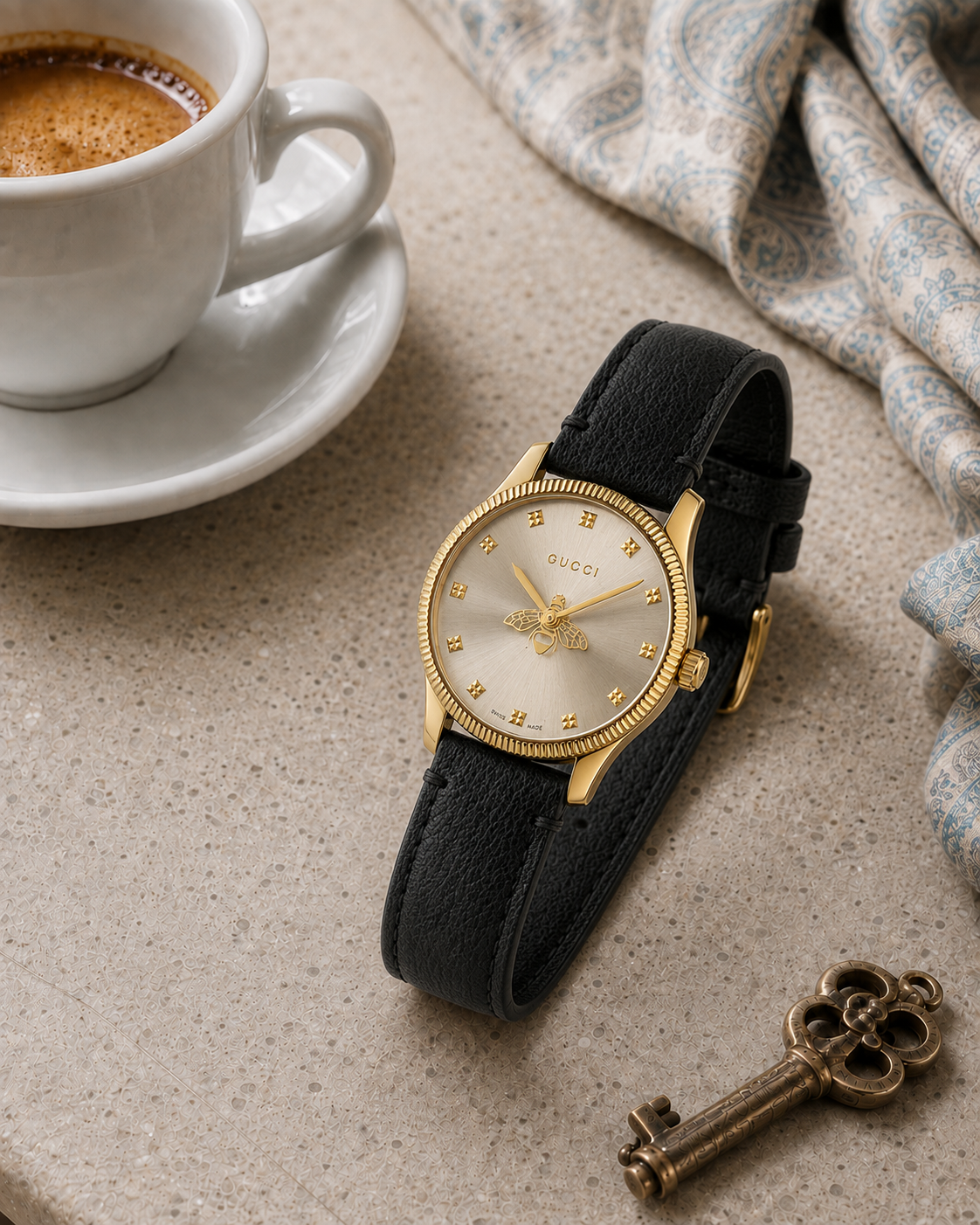 Gucci G-Timeless 29 mm Silver Bee Dial Watch YA1265023 styled in a cafe lifestyle setting