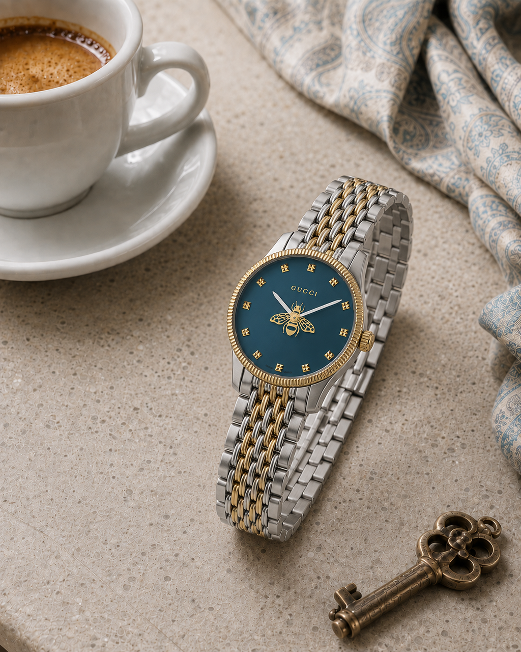 Gucci G-Timeless 29 mm Blue Bee Seconds-Hand Watch YA1265029 styled in a cafe lifestyle setting
