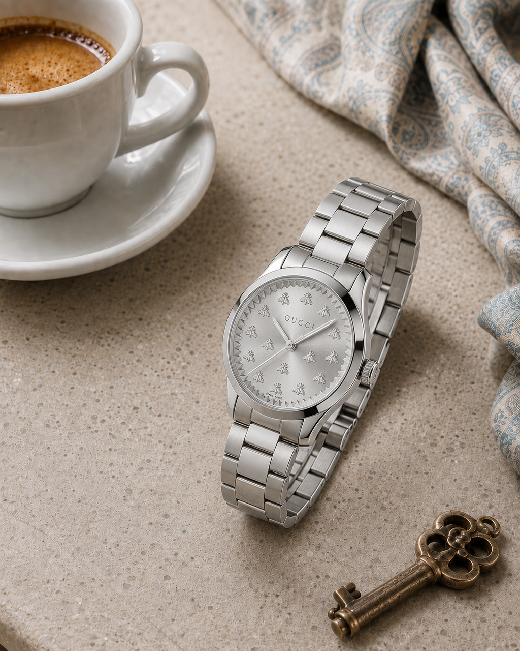 Gucci G-Timeless 32 mm Silver Bee Dial Watch YA1265031 styled in a cafe lifestyle setting