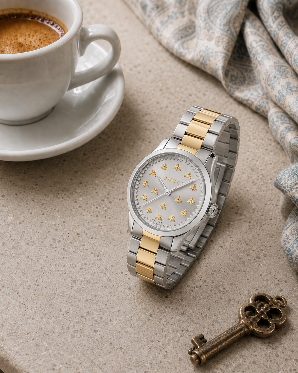 Gucci G-Timeless 32 mm Gold Bee Dial Watch YA1265032 styled in a cafe lifestyle setting