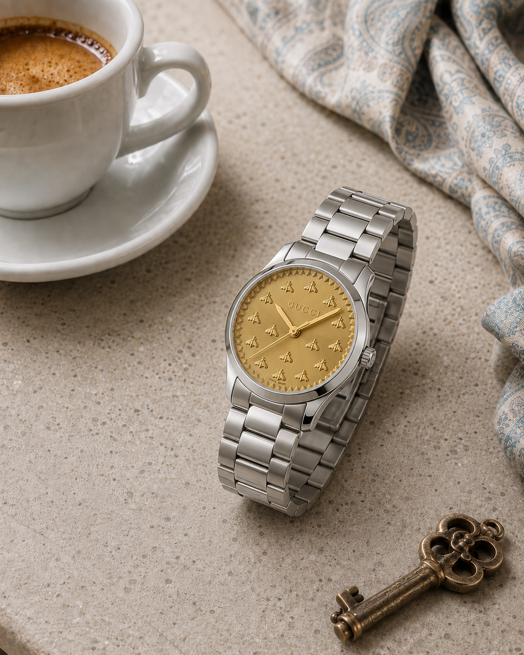 Gucci G-Timeless 32 mm Gold Bee Dial Watch YA1265035 styled in a cafe lifestyle setting