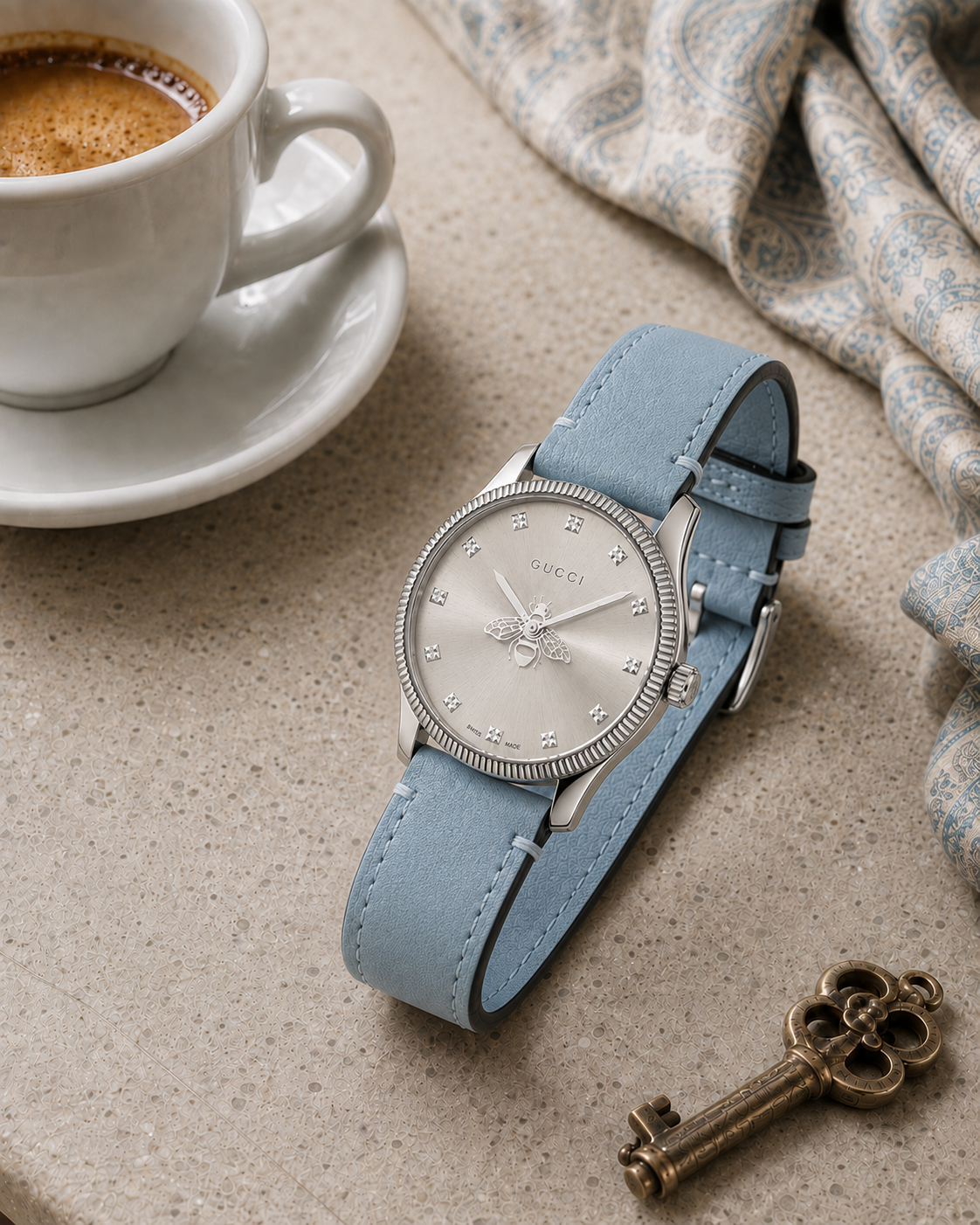 Gucci G-Timeless 29 mm Silver Bee Dial Watch YA1265039 styled in a cafe lifestyle setting