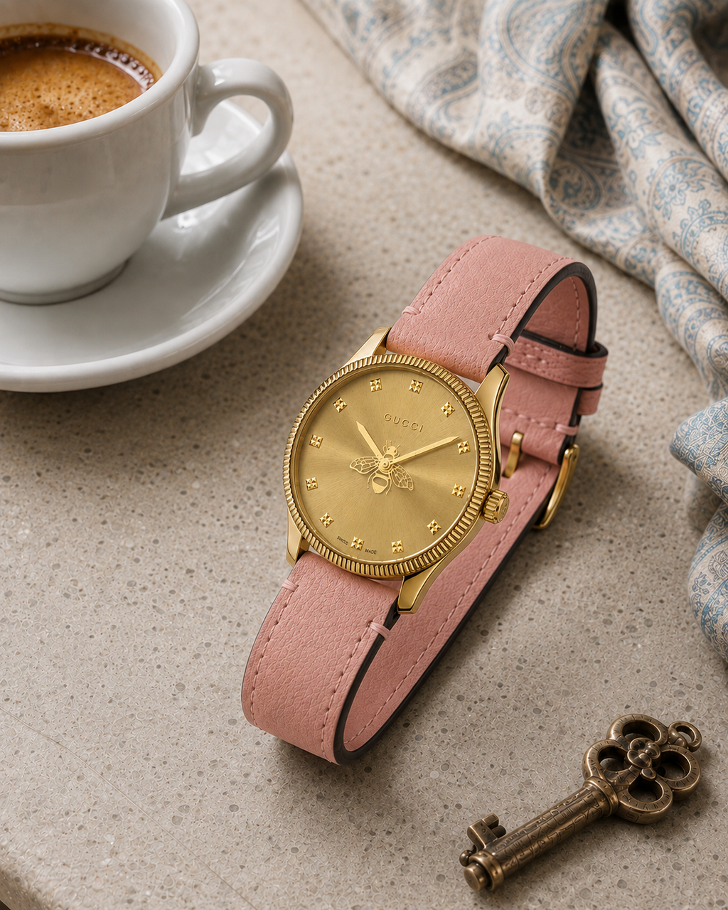 Gucci G-Timeless 29 mm Gold Bee Dial Watch YA1265041 styled in a cafe lifestyle setting
