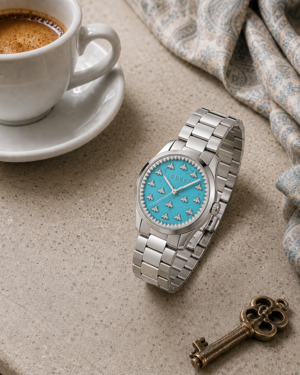 Gucci G-Timeless 32 mm Turquoise Bee Dial Watch YA1265044 styled in a cafe lifestyle setting