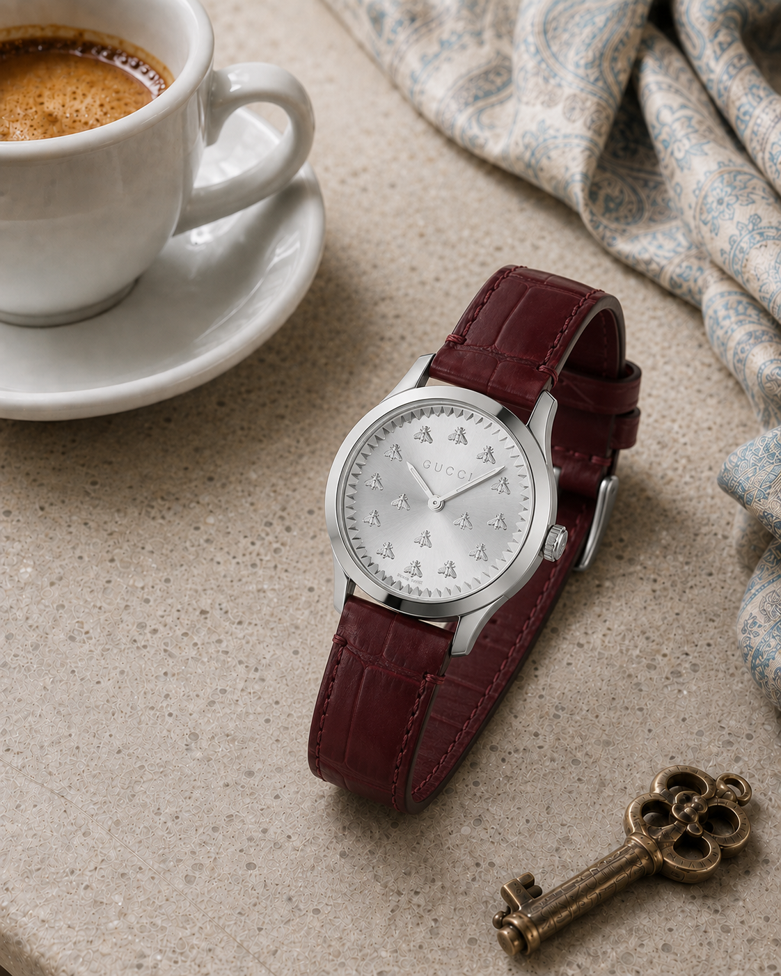 Gucci G-Timeless 32 mm Silver Bee Dial Watch YA1265057 styled in a cafe lifestyle setting