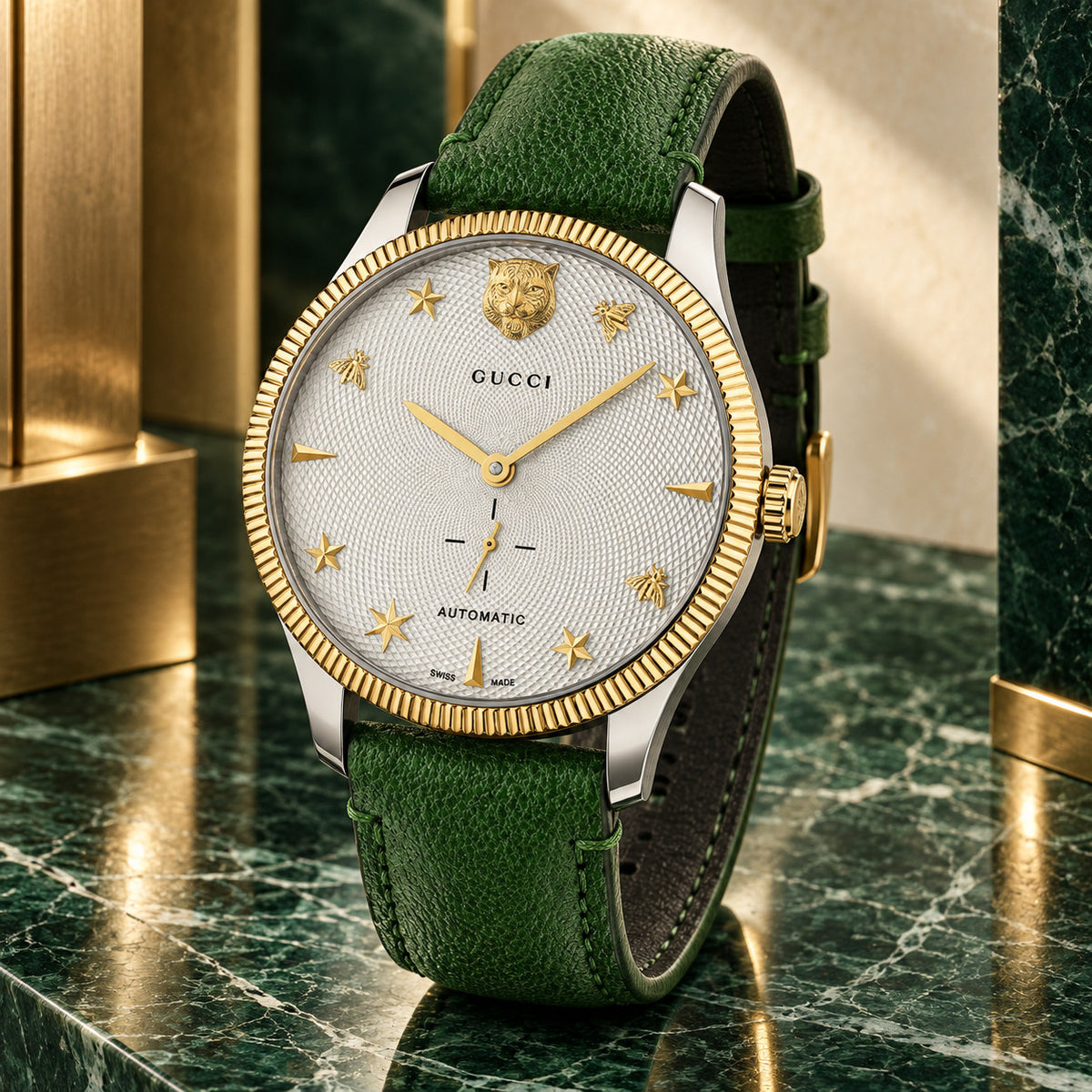 Gucci G-Timeless Small Seconds 40 mm White guilloche with gold feline, bee and star motifs Watch – YA126363