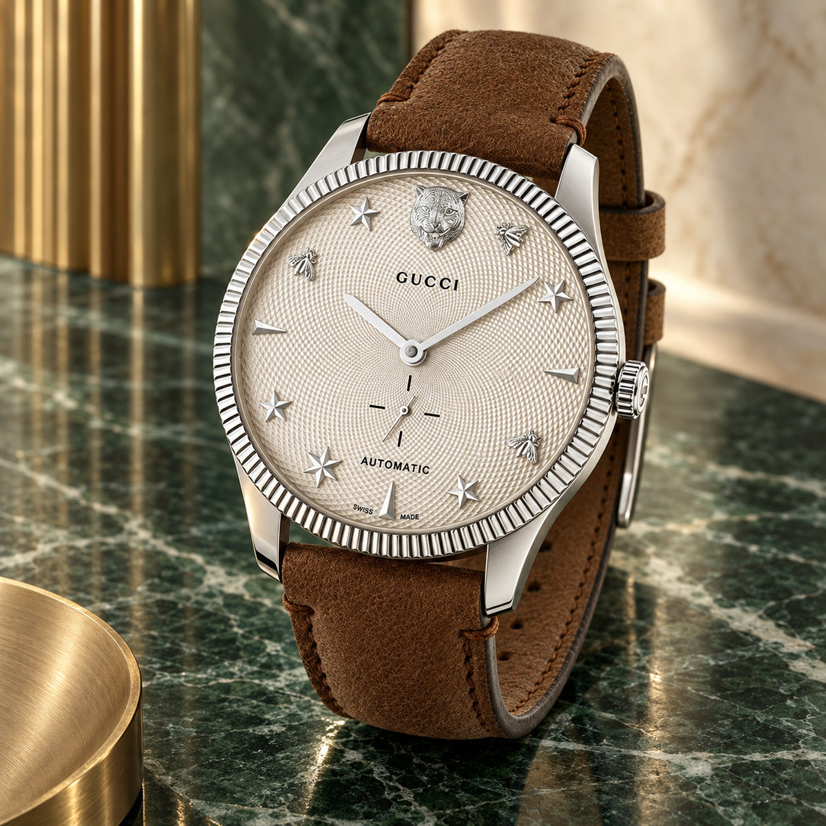 Gucci G-Timeless Small Seconds 40 mm White guilloche with feline, bee and star motifs Watch – YA126361
