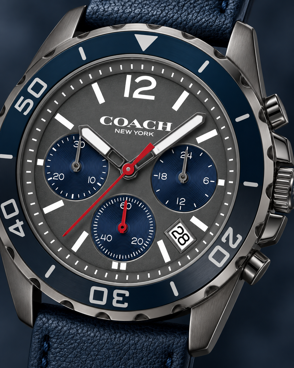 Coach Kent 14602558 grey dial and navy subdial chronograph macro