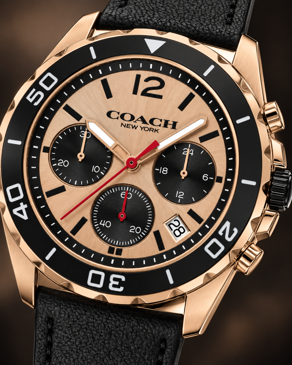 Coach Kent 14602559 rose gold dial and black subdial chronograph macro