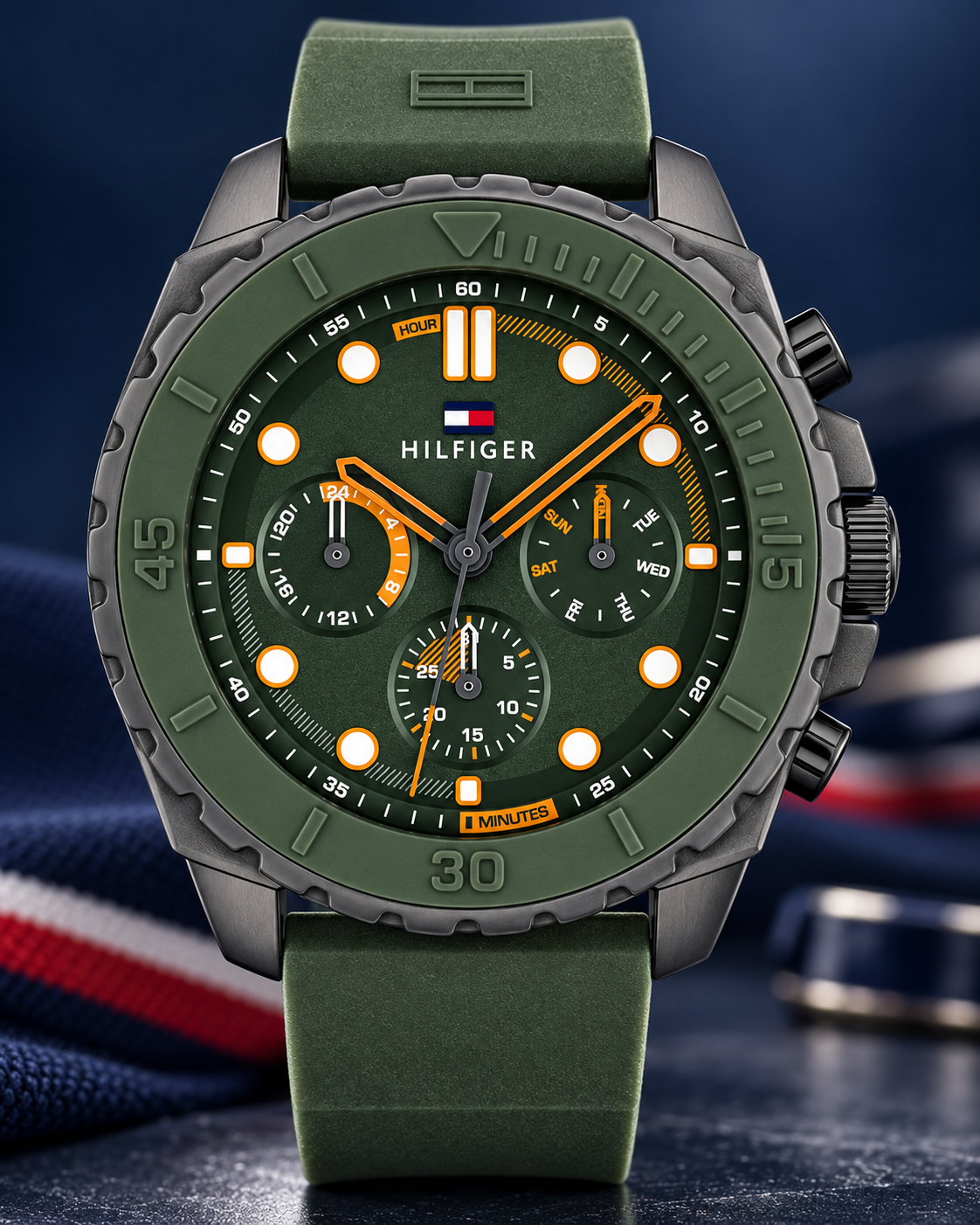 Tommy Hilfiger Morgan Men's Multifunction Watch – Green Silicone Strap, 48mm – 1710688 – Dial macro