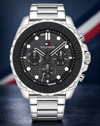 Tommy Hilfiger Morgan Men's Multifunction Watch – Silver Steel Bracelet, 48mm – 1710689 – Dial macro