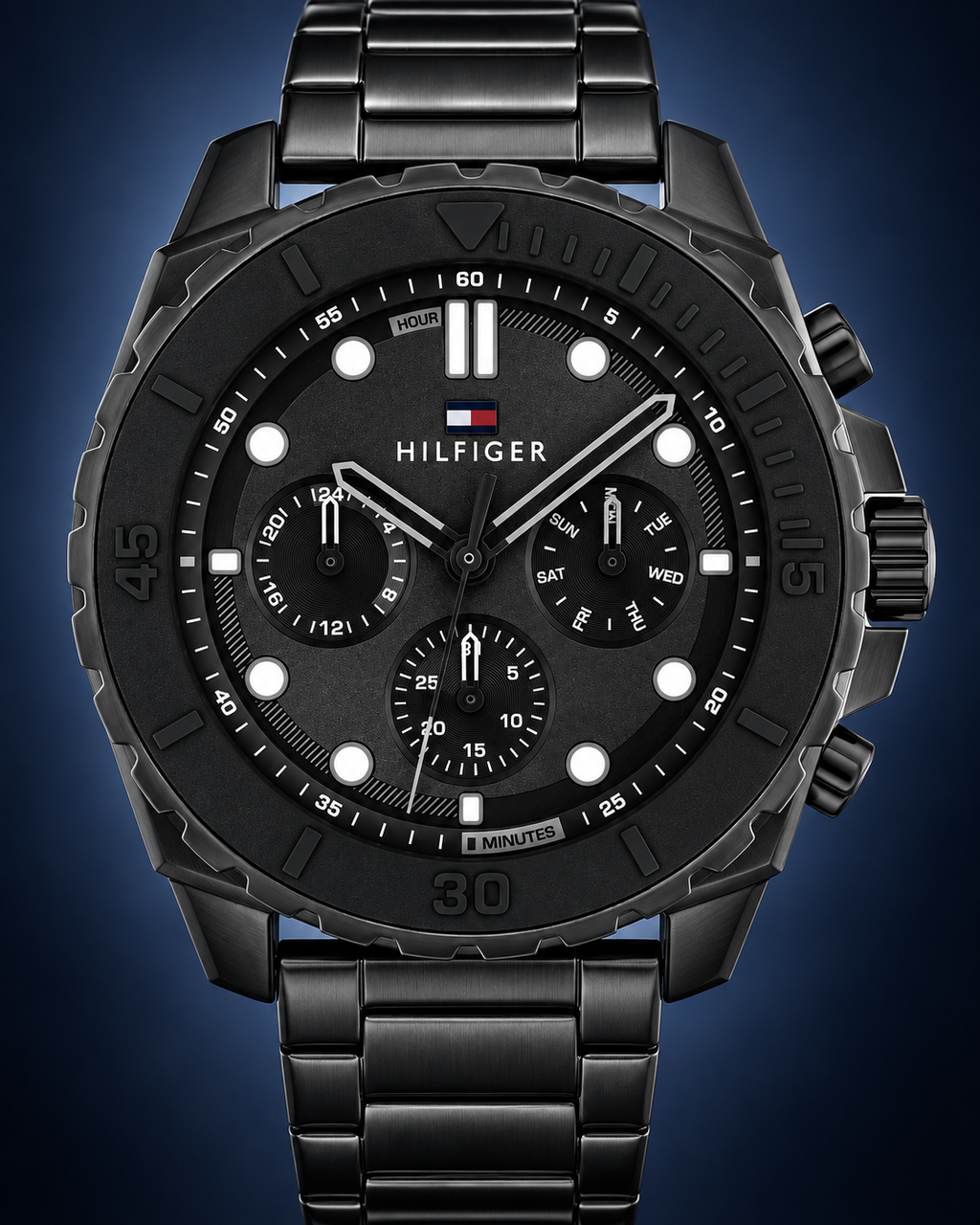 Tommy Hilfiger Morgan Men's Multifunction Watch – Black Steel Bracelet, 48mm – 1710690 – Dial macro