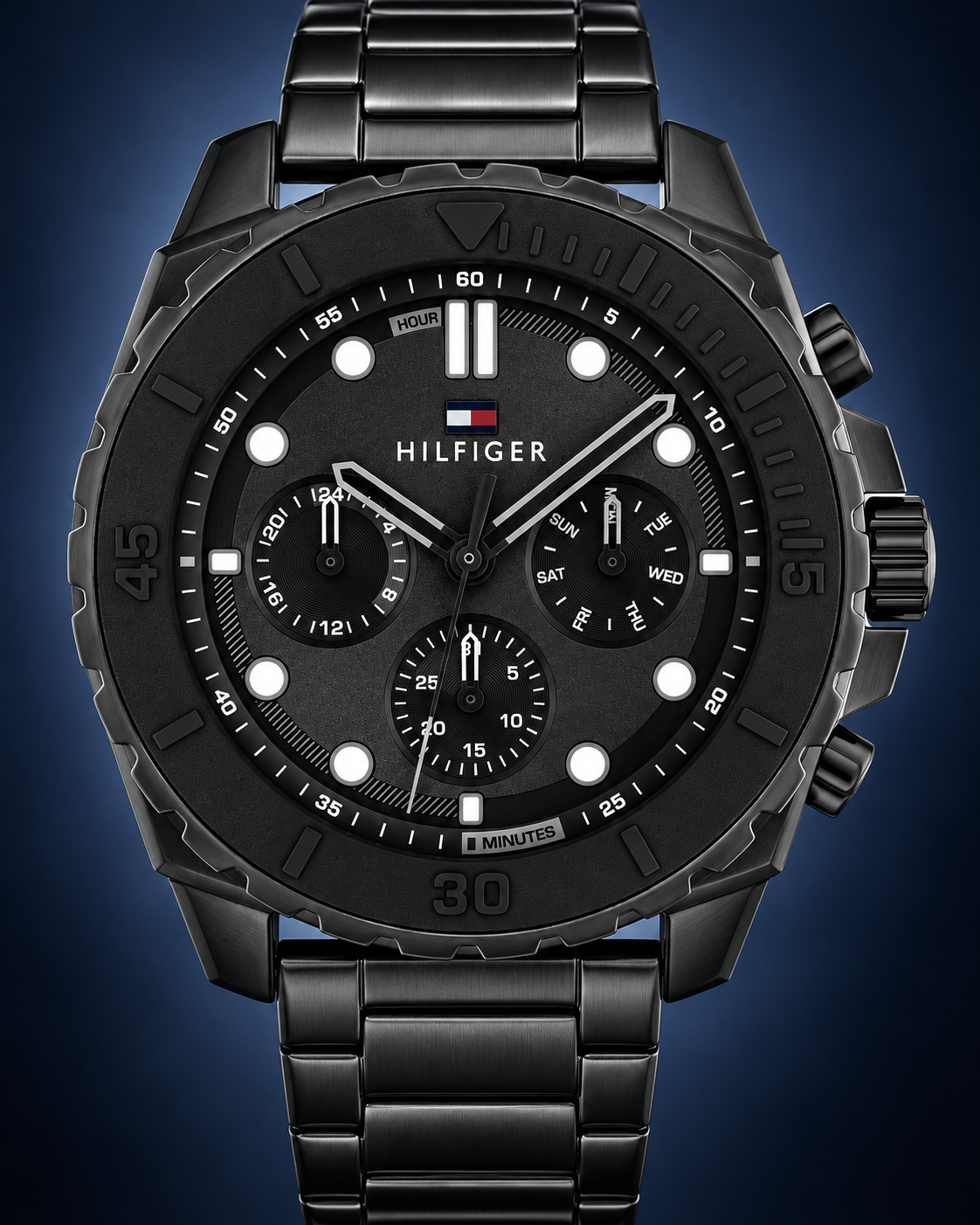 Tommy Hilfiger Morgan Men's Multifunction Watch – Black Steel Bracelet, 48mm – 1710690 – Dial macro