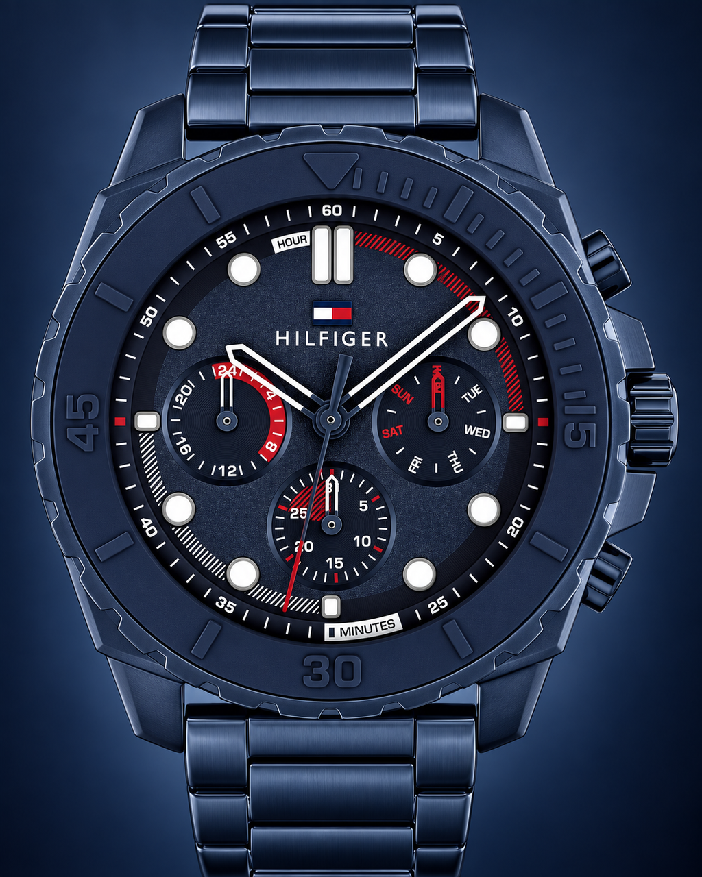 Tommy Hilfiger Morgan Men's Multifunction Watch – Navy Steel Bracelet, 48mm – 1710691 – Dial macro