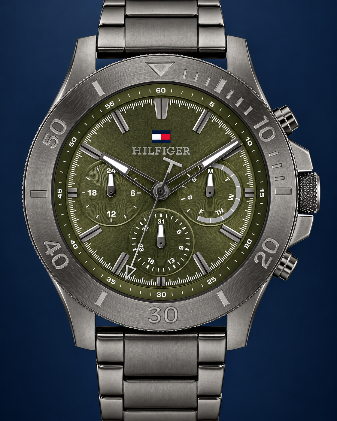 Tommy Hilfiger Bryan Men's Multifunction Watch – Green Dial, Gunmetal Steel Bracelet, 46mm – 1792115 – dial macro