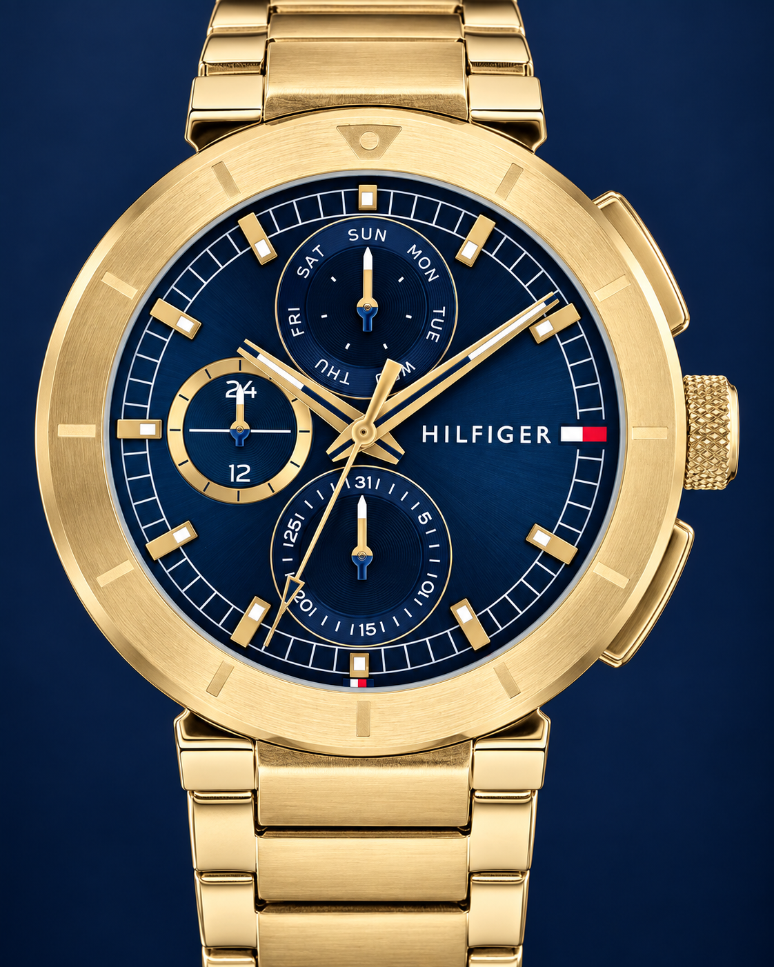Tommy Hilfiger Lorenzo Men's Multifunction Watch – Navy Dial, Gold Steel Bracelet, 44mm – 1792118 – dial macro