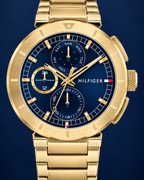 Tommy Hilfiger Lorenzo Men's Multifunction Watch – Navy Dial, Gold Steel Bracelet, 44mm – 1792118 – dial macro