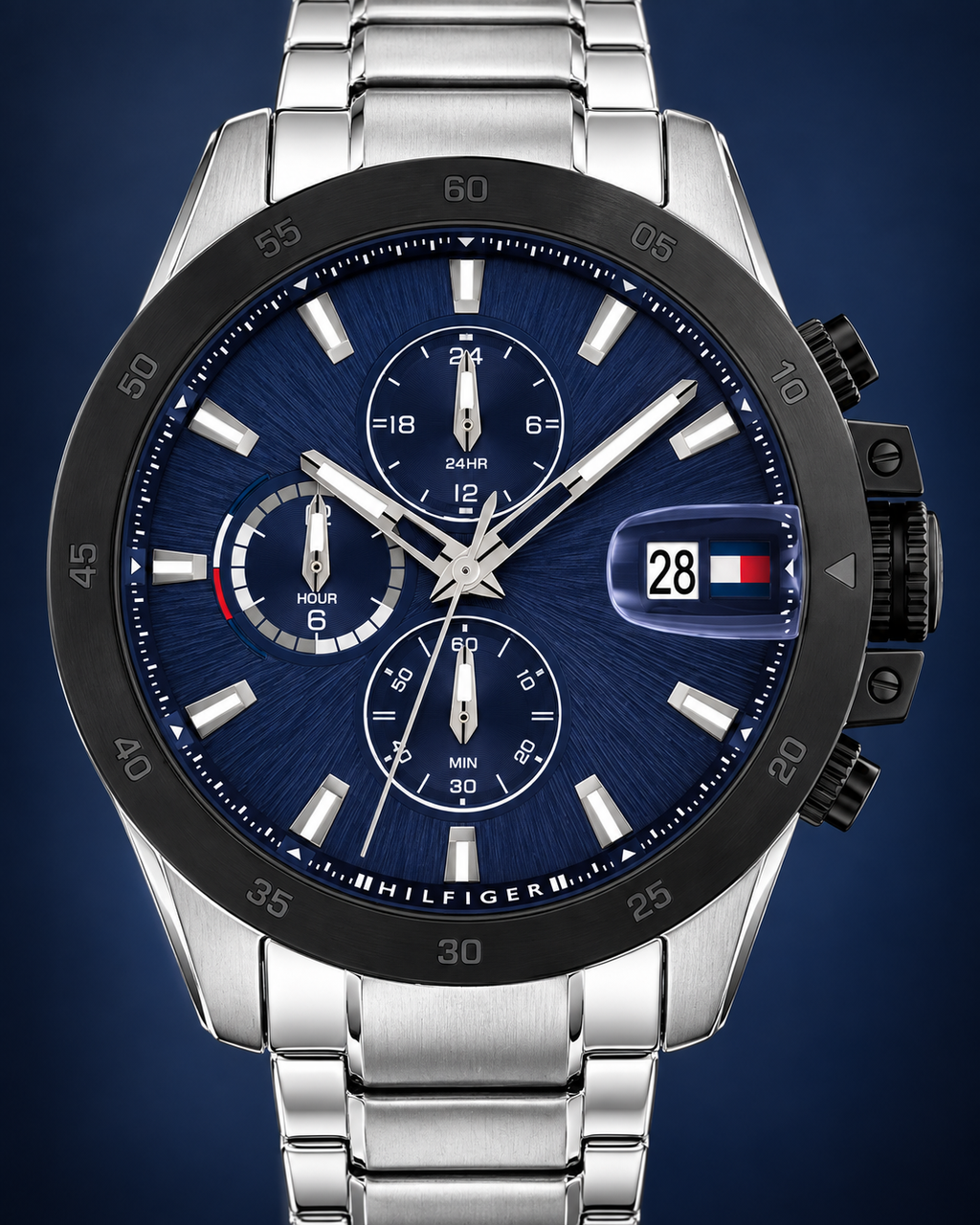 Tommy Hilfiger Jameson Men's Dual-Time Multifunction Watch – Navy Dial, Silver Steel Bracelet, 43mm – 1792198 – Dial macro