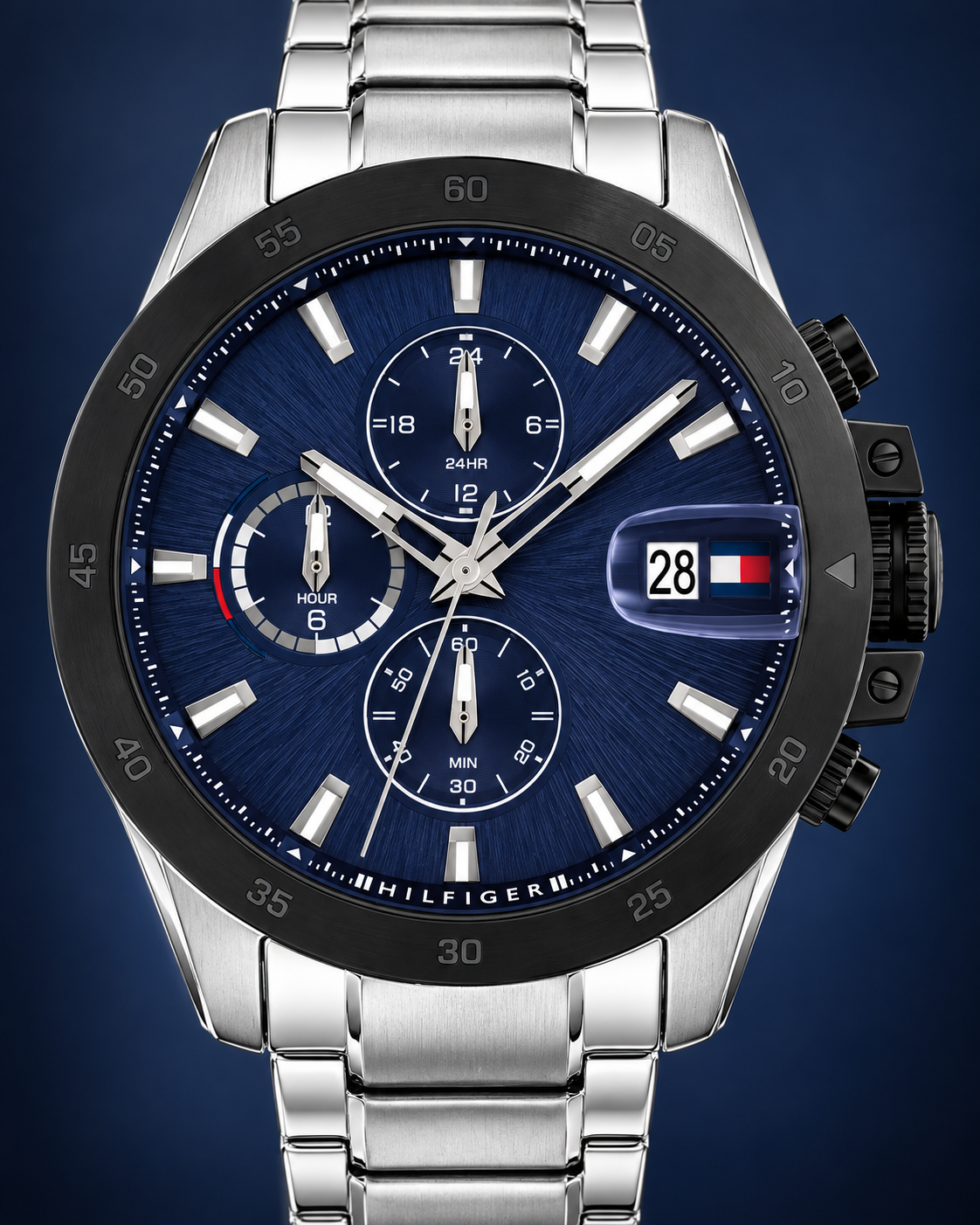 Tommy Hilfiger Jameson Men's Dual-Time Multifunction Watch – Navy Dial, Silver Steel Bracelet, 43mm – 1792198 – Dial macro