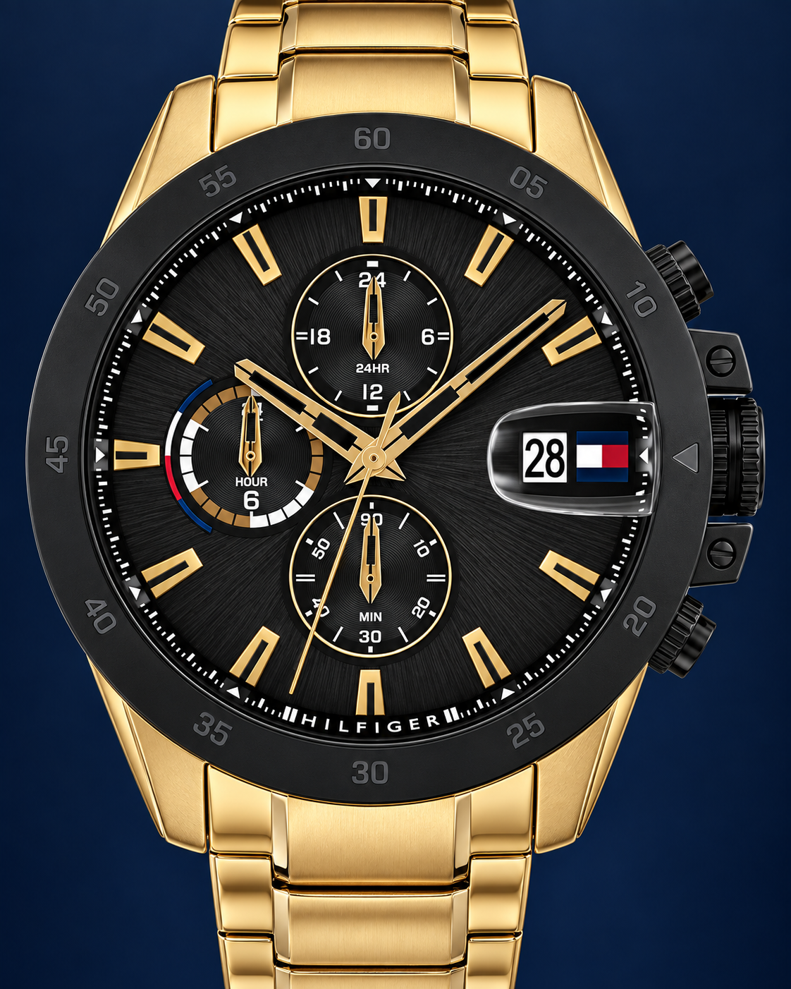 Tommy Hilfiger Jameson Men's Dual-Time Multifunction Watch – Black Dial, Gold Steel Bracelet, 43mm – 1792199 – dial macro