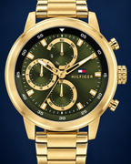 Tommy Hilfiger Rocky Men's Multifunction Watch – Green Dial, Gold Steel Bracelet, 46mm – 1792216 – dial macro