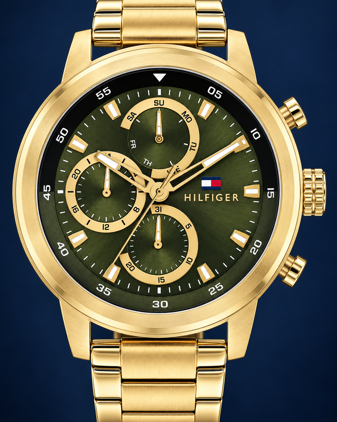 Tommy Hilfiger Rocky Men's Multifunction Watch – Green Dial, Gold Steel Bracelet, 46mm – 1792216 – dial macro