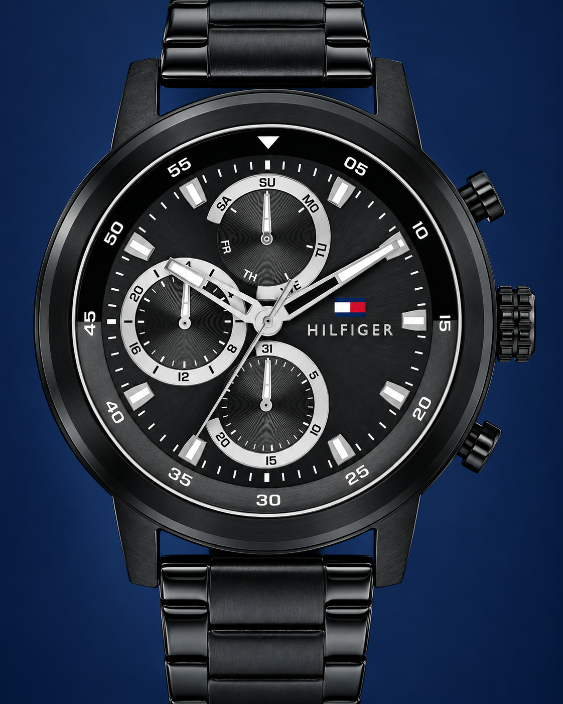Tommy Hilfiger Rocky Men's Multifunction Watch – Black Steel Bracelet, 46mm – 1792217 – dial macro