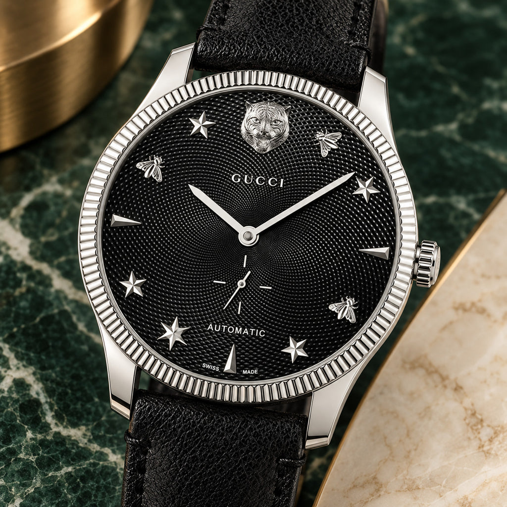 Gucci G-Timeless Small Seconds 40 mm Black guilloche with feline, bee and star motifs Watch – YA126365