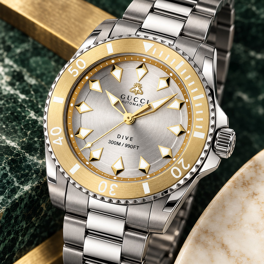 Gucci Dive 40 mm Silver sunburst with gold-tone accents Watch – YA136357