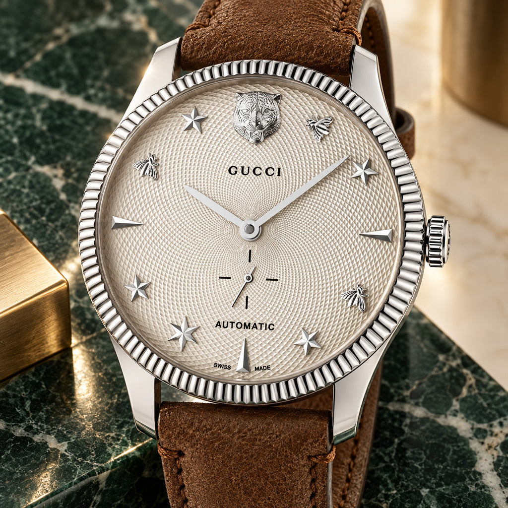 Gucci G-Timeless Small Seconds 40 mm White guilloche with feline, bee and star motifs Watch – YA126361