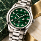Gucci G-Timeless Multi-Bee 38 mm Green malachite with silver bee motifs Watch – YA1264176