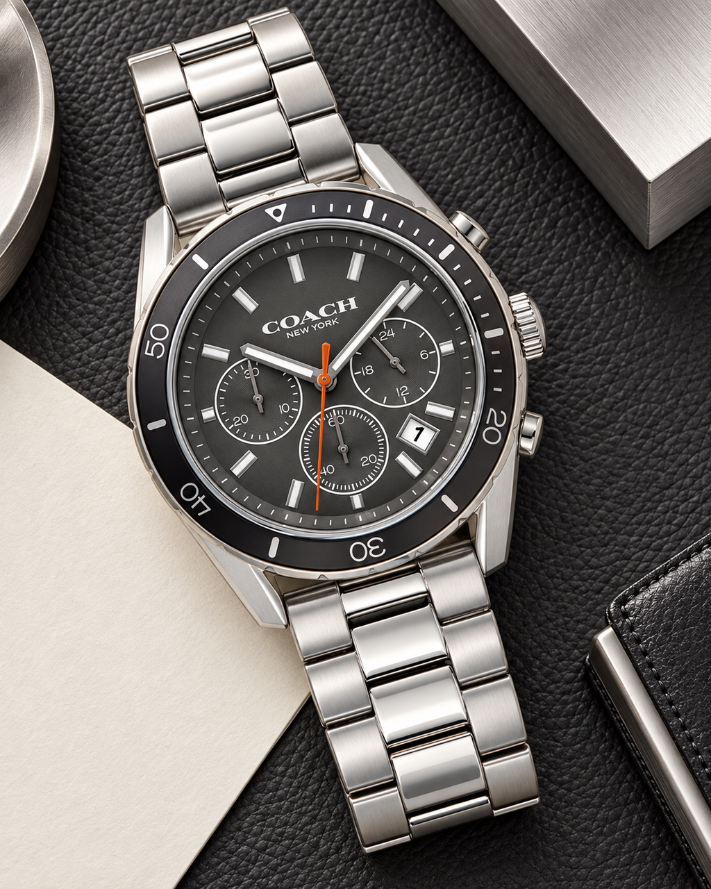 Coach Preston men's chronograph 14602515 luxury flat lay