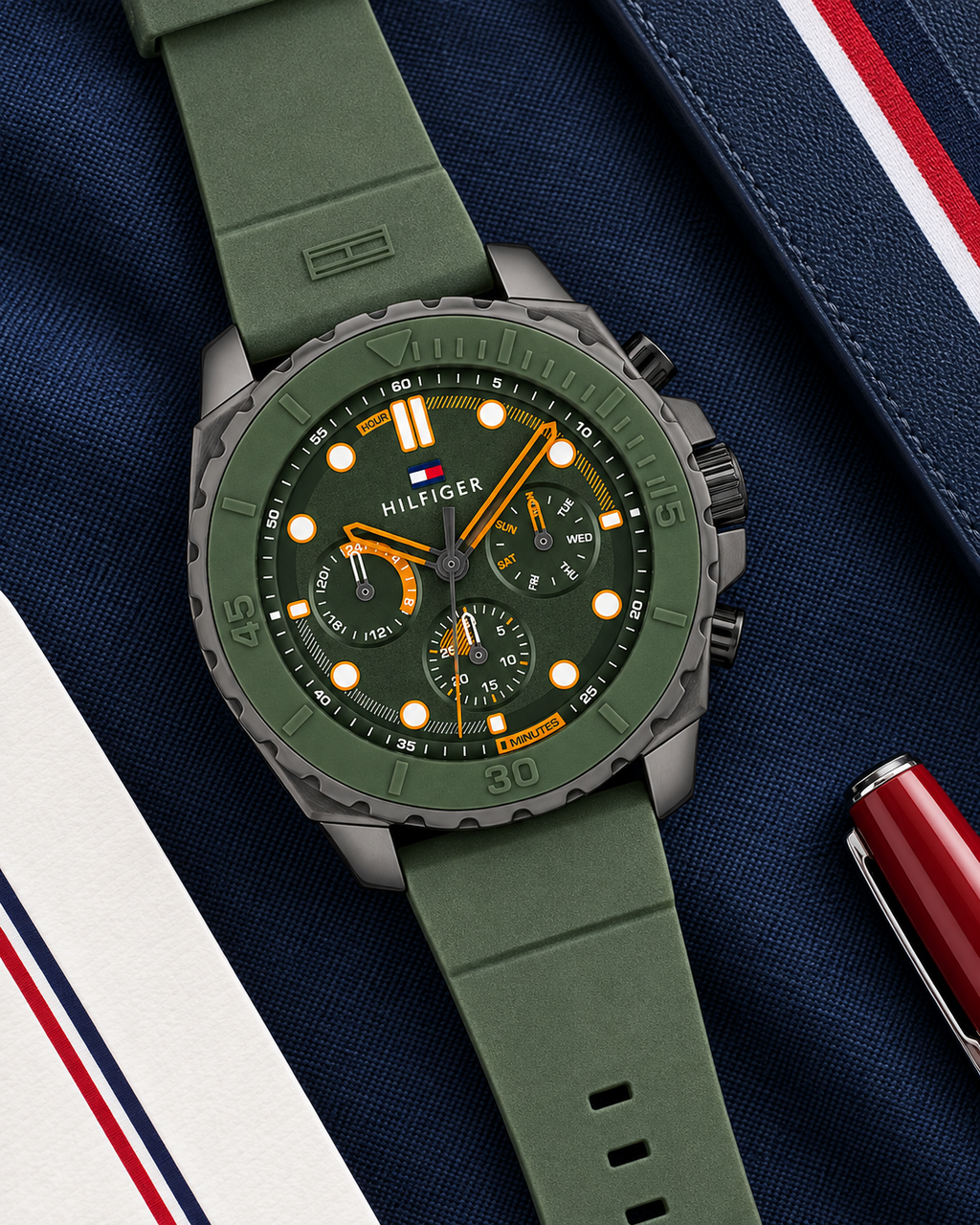 Tommy Hilfiger Morgan Men's Multifunction Watch – Green Silicone Strap, 48mm – 1710688 – Premium flatlay